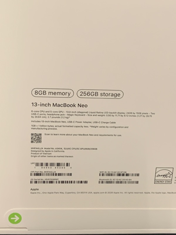 Photo 1 of Apple 2026 MacBook Neo 13-inch Laptop with A18 Pro chip: Built for AI and Apple Intelligence, Liquid Retina Display, 8GB Unified Memory, 256GB SSD Storage, 1080p FaceTime HD Camera; Silver