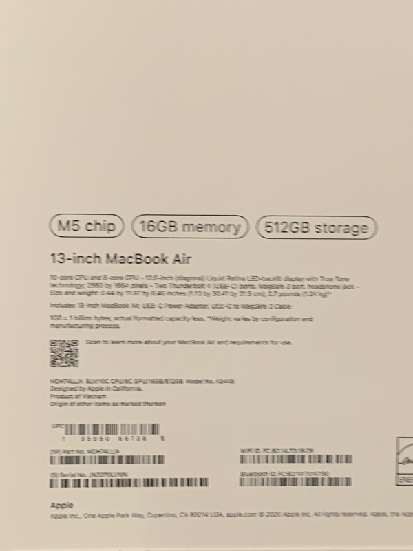 Photo 1 of Apple 2026 MacBook Air 13-inch Laptop with M5 chip: Built for AI, 13.6-inch Liquid Retina Display, 16GB Unified Memory, 512GB SSD, 12MP Center Stage Camera, Touch ID, Wi-Fi 7; Silver