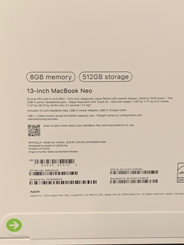 Photo 1 of Apple 2026 MacBook Neo 13-inch Laptop with A18 Pro chip: Built for AI and Apple Intelligence, Liquid Retina Display, 8GB Unified Memory, 512GB SSD Storage, 1080p FaceTime HD Camera, Touch ID; Blush