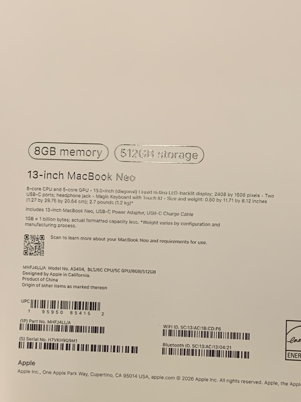 Photo 1 of Apple 2026 MacBook Neo 13-inch Laptop with A18 Pro chip: Built for AI and Apple Intelligence, Liquid Retina Display, 8GB Unified Memory, 512GB SSD Storage, 1080p FaceTime HD Camera, Touch ID; Blush