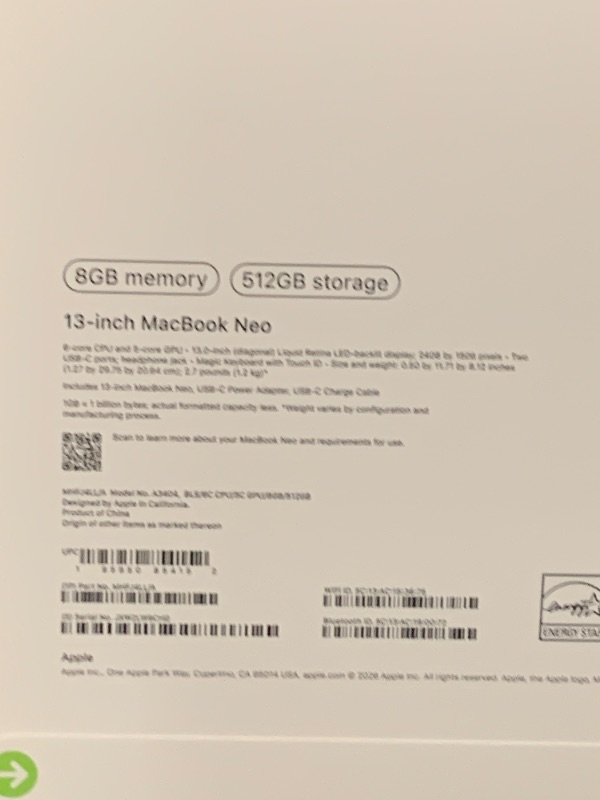Photo 1 of Apple 2026 MacBook Neo 13-inch Laptop with A18 Pro chip: Built for AI and Apple Intelligence, Liquid Retina Display, 8GB Unified Memory, 512GB SSD Storage, 1080p FaceTime HD Camera, Touch ID; Blush