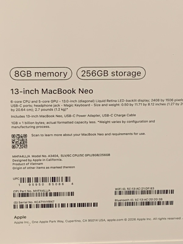 Photo 1 of Apple 2026 MacBook Neo 13-inch Laptop with A18 Pro chip: Built for AI and Apple Intelligence, Liquid Retina Display, 8GB Unified Memory, 256GB SSD Storage, 1080p FaceTime HD Camera; Silver
