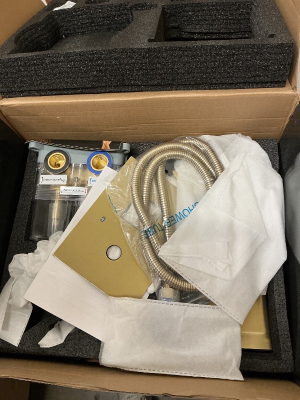 Photo 1 of Fatspas Ceiling Mount Shower System with Tub Spout, 12-Inch High-Pressure Rain Showerhead and Handheld Combo, Brushed Gold Shower Faucet Set with Rough-in Valve and Trim Kit, All-Metal