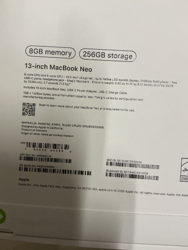 Photo 1 of Apple 2026 MacBook Neo 13-inch Laptop with A18 Pro chip: Built for AI and Apple Intelligence, Liquid Retina Display, 8GB Unified Memory, 256GB SSD Storage, 1080p FaceTime HD Camera; Silver