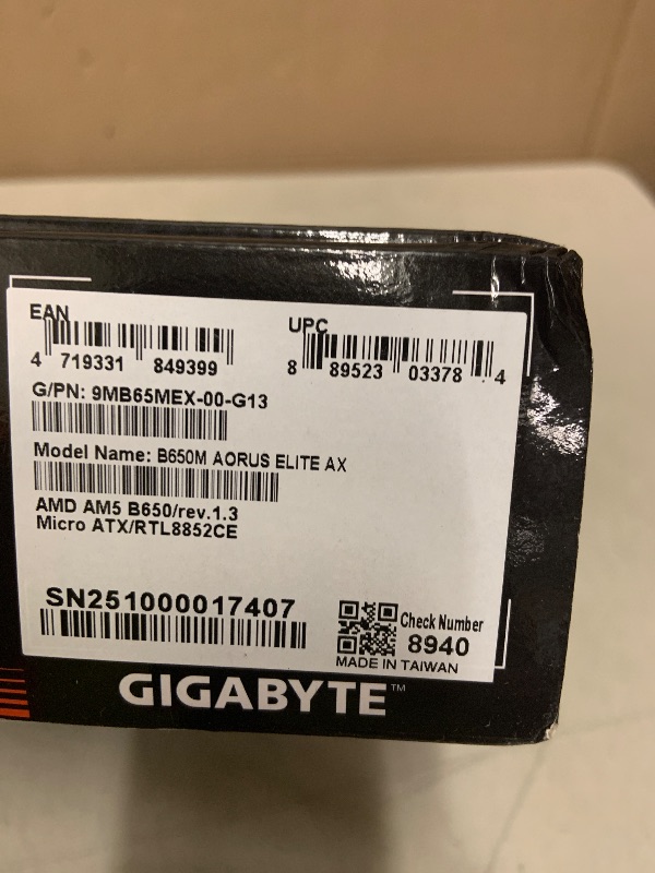 Photo 1 of GIGABYTE B650M AORUS Elite AX AMD AM5 mATX Motherboard, Support Ryzen 9000/8000/7000 Series, DDR5, 12+2+2 Power Phase, PCIe 5.0 M.2, USB-C 3.2 Gen 2, WIFI6E, 2.5GbE, EZ-Latch, Q-Flash, RGB Fusion