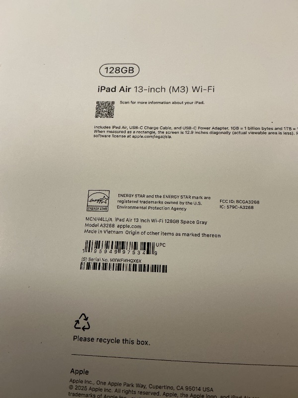 Photo 1 of Apple iPad Air 13-inch with M3 chip Built for Apple Intelligence, Liquid Retina Display, 128GB, 12MP Front/Back Camera, Wi-Fi 6E, Touch ID, All-Day Battery Life — Space Gray