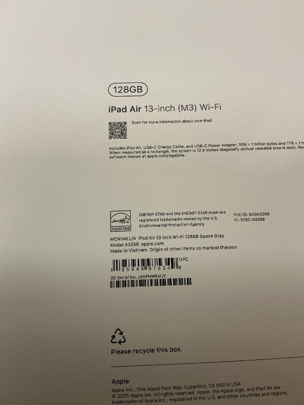 Photo 1 of Apple iPad Air 13-inch with M3 chip Built for Apple Intelligence, Liquid Retina Display, 128GB, 12MP Front/Back Camera, Wi-Fi 6E, Touch ID, All-Day Battery Life — Space Gray