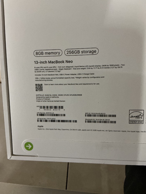 Photo 1 of Apple 2026 MacBook Neo 13-inch Laptop with A18 Pro chip: Built for AI and Apple Intelligence, Liquid Retina Display, 8GB Unified Memory, 256GB SSD Storage, 1080p FaceTime HD Camera; Indigo