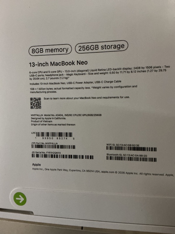 Photo 1 of Apple 2026 MacBook Neo 13-inch Laptop with A18 Pro chip: Built for AI and Apple Intelligence, Liquid Retina Display, 8GB Unified Memory, 256GB SSD Storage, 1080p FaceTime HD Camera; Indigo