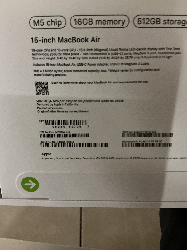Photo 1 of Apple 2026 MacBook Air 15-inch Laptop with M5 chip: Built for AI, 15.3-inch Liquid Retina Display, 16GB Unified Memory, 512GB SSD, 12MP Center Stage Camera, Touch ID, Wi-Fi 7; Midnight