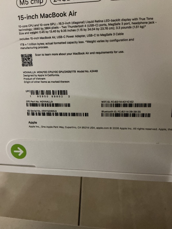 Photo 1 of Apple 2026 MacBook Air 15-inch Laptop with M5 chip: Built for AI, 15.3-inch Liquid Retina Display, 24GB Unified Memory, 1TB SSD, 12MP Center Stage Camera, Touch ID, Wi-Fi 7; Midnight