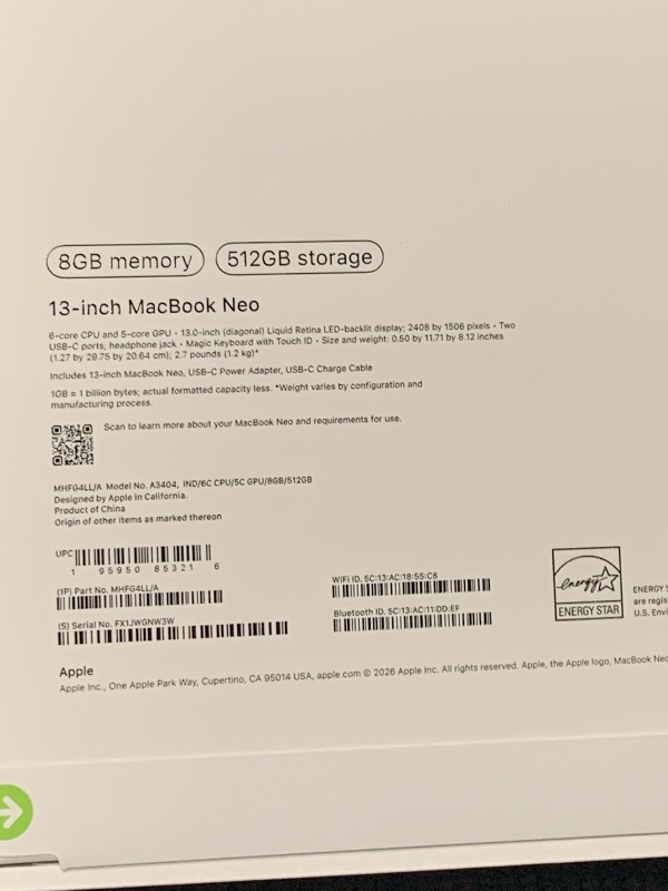 Photo 1 of Apple 2026 MacBook Neo 13-inch Laptop with A18 Pro chip: Built for AI and Apple Intelligence, Liquid Retina Display, 8GB Unified Memory, 512GB SSD Storage, 1080p FaceTime HD Camera, Touch ID; Indigo