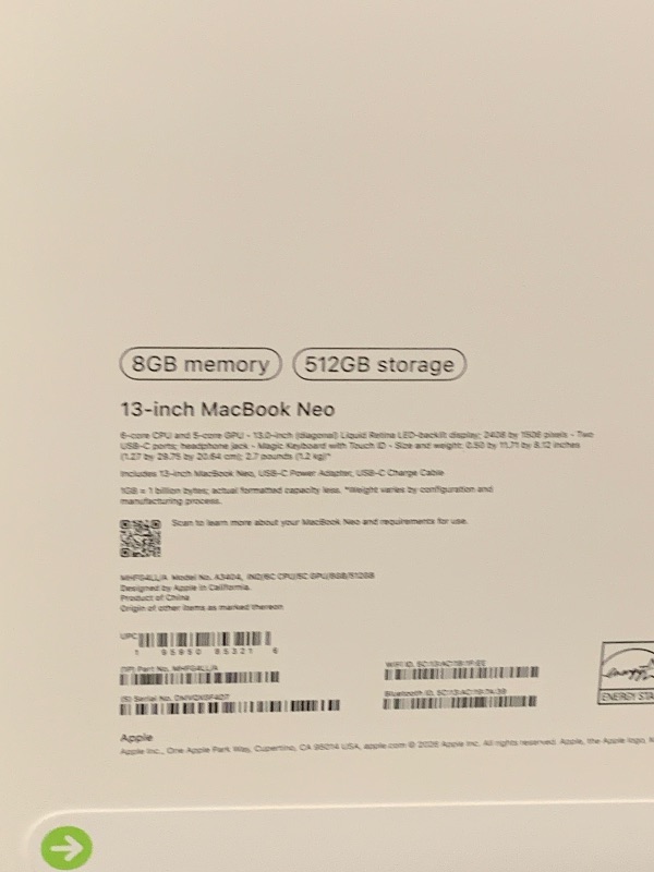 Photo 1 of Apple 2026 MacBook Neo 13-inch Laptop with A18 Pro chip: Built for AI and Apple Intelligence, Liquid Retina Display, 8GB Unified Memory, 512GB SSD Storage, 1080p FaceTime HD Camera, Touch ID; Indigo