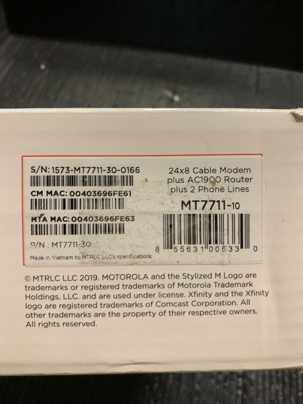 Photo 1 of Motorola MT7711 (24X8) Cable Modem-Two Phone Ports Router, DOCSIS 3.0 Modem, AC1900 Dual Band Wi-Fi Gigabit Router for Comcast Xfinit