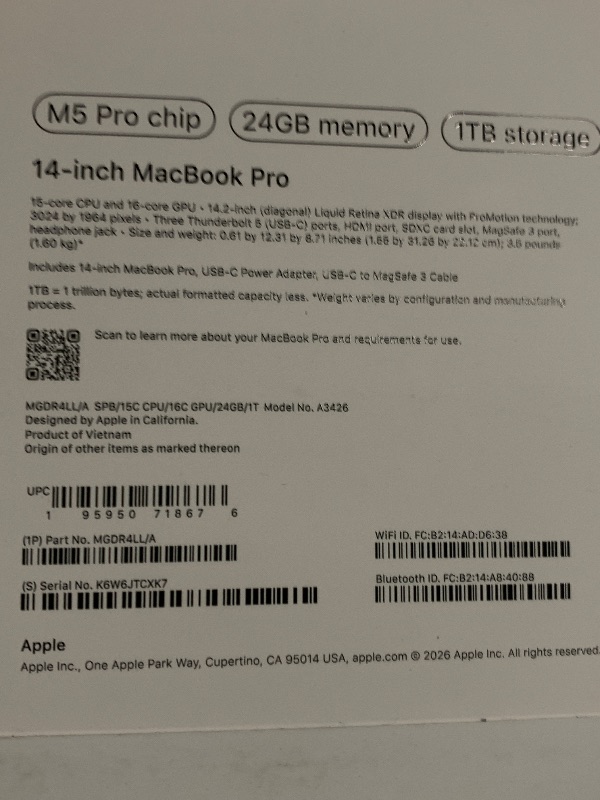 Photo 1 of Apple 2026 MacBook Pro Laptop with Apple M5 Pro chip with 15-core CPU and 16-core GPU: Built for AI, 14.2-inch Liquid Retina XDR Display, 24GB Unified Memory, 1TB SSD, Wi-Fi 7; Space Black