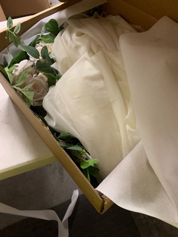 Photo 1 of Ling's moment Deluxe Spring Artificial Wedding Arch Flowers with Drapes Kit-Pack of 5, 2pcs Flower Arrangements 3pcs Hanging Sheer Drapes Cream Ceremony Arbor Reception Backdrop Rose Floral Decoration
