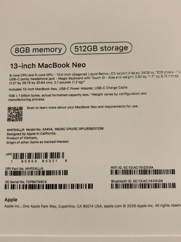 Photo 1 of Apple 2026 MacBook Neo 13-inch Laptop with A18 Pro chip: Built for AI and Apple Intelligence, Liquid Retina Display, 8GB Unified Memory, 512GB SSD Storage, 1080p FaceTime HD Camera, Touch ID; Indigo