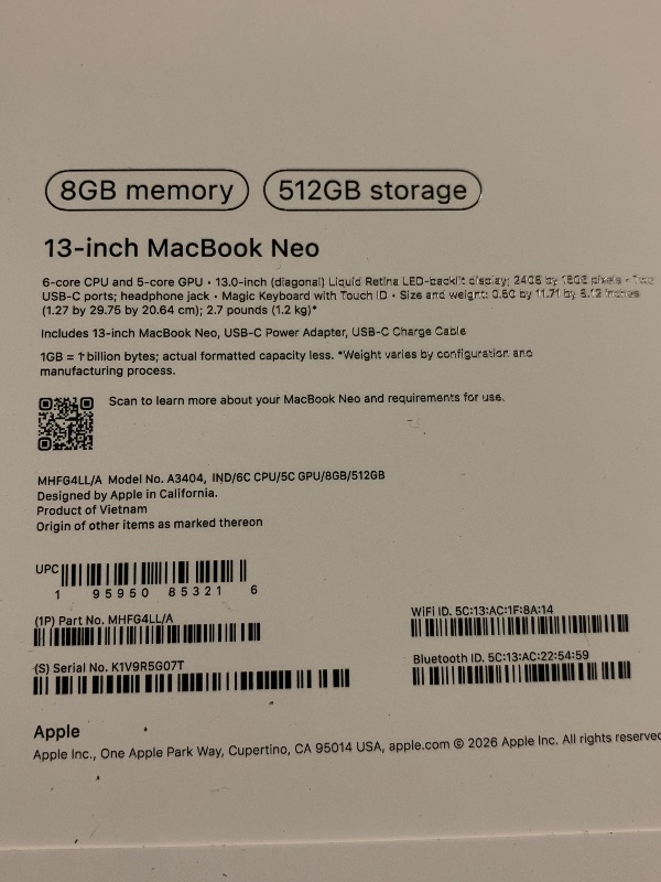Photo 1 of Apple 2026 MacBook Neo 13-inch Laptop with A18 Pro chip: Built for AI and Apple Intelligence, Liquid Retina Display, 8GB Unified Memory, 512GB SSD Storage, 1080p FaceTime HD Camera, Touch ID; Indigo