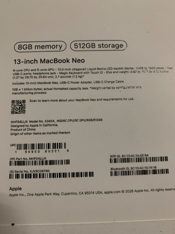 Photo 1 of Apple 2026 MacBook Neo 13-inch Laptop with A18 Pro chip: Built for AI and Apple Intelligence, Liquid Retina Display, 8GB Unified Memory, 512GB SSD Storage, 1080p FaceTime HD Camera, Touch ID; Indigo