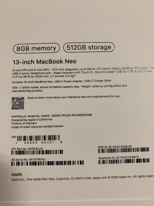 Photo 1 of Apple 2026 MacBook Neo 13-inch Laptop with A18 Pro chip: Built for AI and Apple Intelligence, Liquid Retina Display, 8GB Unified Memory, 512GB SSD Storage, 1080p FaceTime HD Camera, Touch ID; Indigo