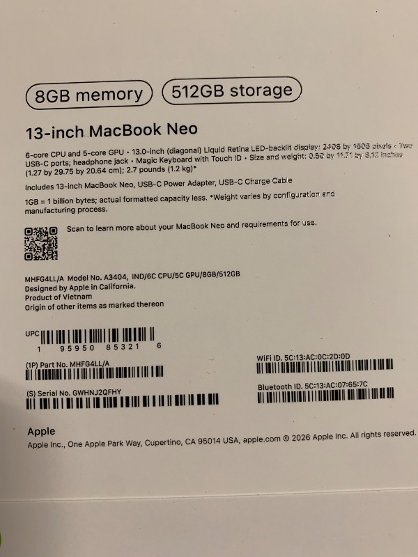 Photo 1 of Apple 2026 MacBook Neo 13-inch Laptop with A18 Pro chip: Built for AI and Apple Intelligence, Liquid Retina Display, 8GB Unified Memory, 512GB SSD Storage, 1080p FaceTime HD Camera, Touch ID; Indigo