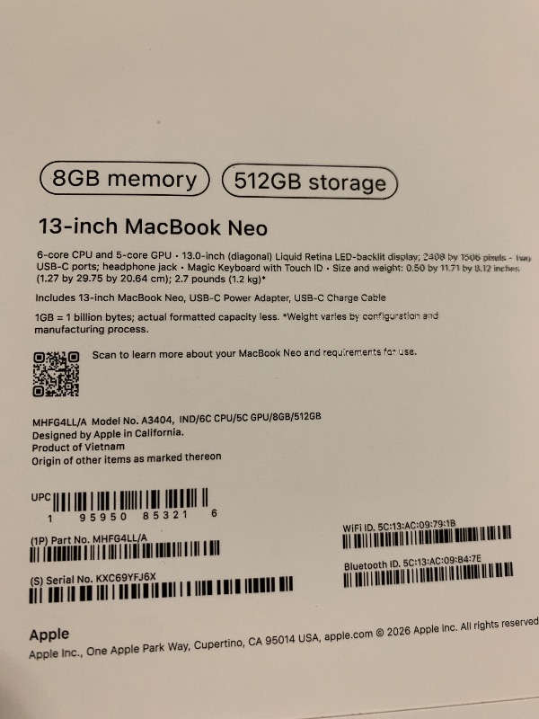 Photo 1 of Apple 2026 MacBook Neo 13-inch Laptop with A18 Pro chip: Built for AI and Apple Intelligence, Liquid Retina Display, 8GB Unified Memory, 512GB SSD Storage, 1080p FaceTime HD Camera, Touch ID; Indigo