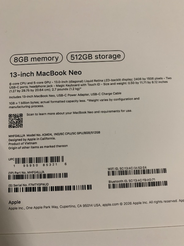 Photo 1 of Apple 2026 MacBook Neo 13-inch Laptop with A18 Pro chip: Built for AI and Apple Intelligence, Liquid Retina Display, 8GB Unified Memory, 512GB SSD Storage, 1080p FaceTime HD Camera, Touch ID; Indigo