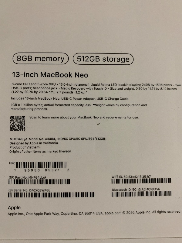 Photo 1 of Apple 2026 MacBook Neo 13-inch Laptop with A18 Pro chip: Built for AI and Apple Intelligence, Liquid Retina Display, 8GB Unified Memory, 512GB SSD Storage, 1080p FaceTime HD Camera, Touch ID; Indigo