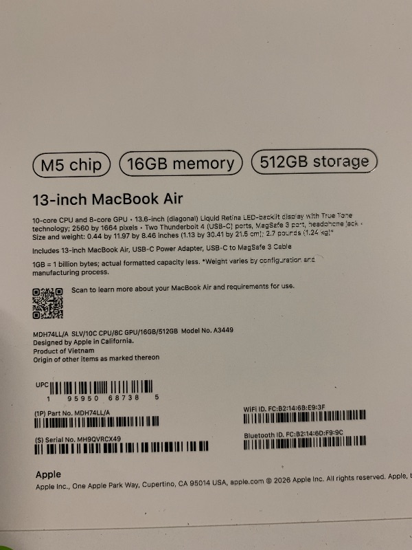 Photo 1 of Apple 2026 MacBook Air 13-inch Laptop with M5 chip: Built for AI, 13.6-inch Liquid Retina Display, 16GB Unified Memory, 512GB SSD, 12MP Center Stage Camera, Touch ID, Wi-Fi 7; Silver
