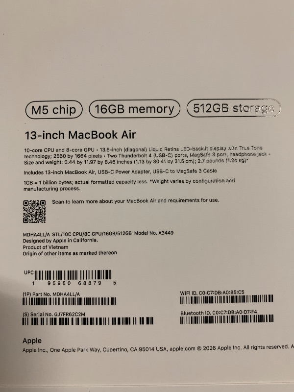 Photo 1 of Apple 2026 MacBook Air 13-inch Laptop with M5 chip: Built for AI, 13.6-inch Liquid Retina Display, 16GB Unified Memory, 512GB SSD, 12MP Center Stage Camera, Touch ID, Wi-Fi 7; Starlight