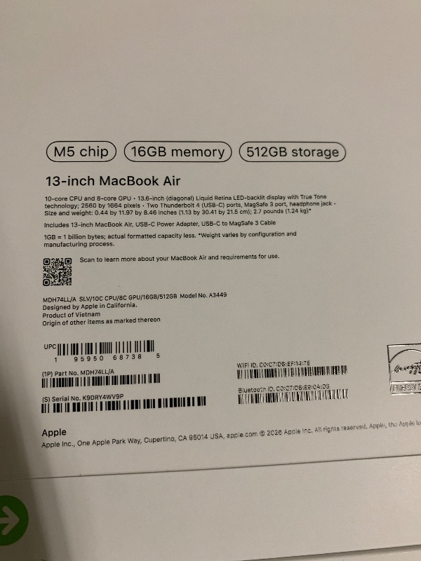 Photo 1 of Apple 2026 MacBook Air 13-inch Laptop with M5 chip: Built for AI, 13.6-inch Liquid Retina Display, 16GB Unified Memory, 512GB SSD, 12MP Center Stage Camera, Touch ID, Wi-Fi 7; Silver