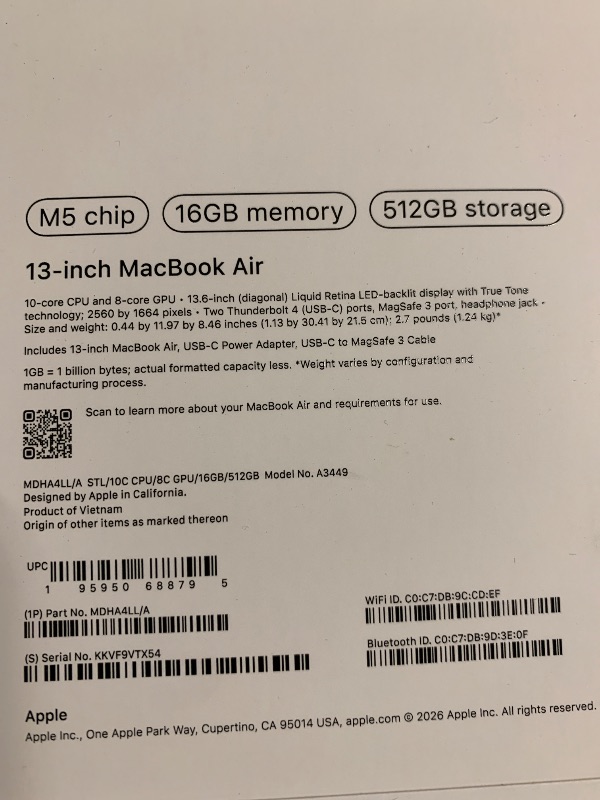 Photo 1 of Apple 2026 MacBook Air 13-inch Laptop with M5 chip: Built for AI, 13.6-inch Liquid Retina Display, 16GB Unified Memory, 512GB SSD, 12MP Center Stage Camera, Touch ID, Wi-Fi 7; Starlight