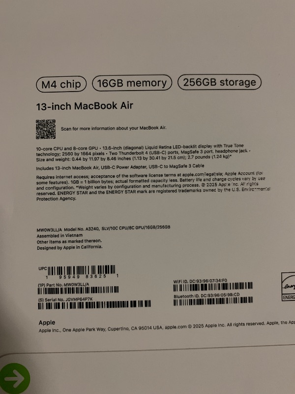 Photo 1 of Apple 2025 MacBook Air 13-inch Laptop with M4 chip: Built for Apple Intelligence, 13.6-inch Liquid Retina Display, 16GB Unified Memory, 256GB SSD Storage, 12MP Center Stage Camera, Touch ID; Silver