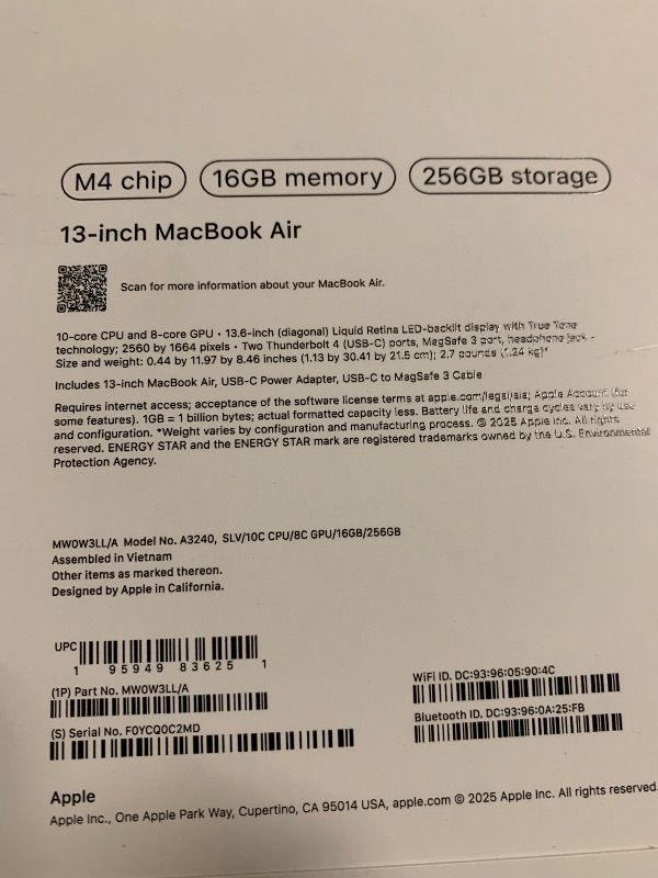 Photo 1 of Apple 2025 MacBook Air 13-inch Laptop with M4 chip: Built for Apple Intelligence, 13.6-inch Liquid Retina Display, 16GB Unified Memory, 256GB SSD Storage, 12MP Center Stage Camera, Touch ID; Silver