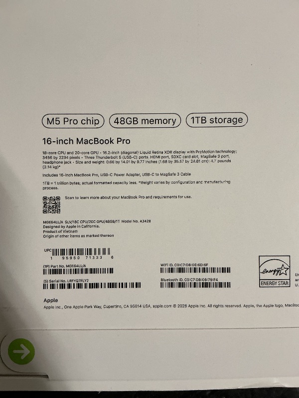 Photo 1 of Apple 2026 MacBook Pro Laptop with Apple M5 Pro chip with 18-core CPU and 20-core GPU: Built for AI, 16.2-inch Liquid Retina XDR Display, 48GB Unified Memory, 1TB SSD, Wi-Fi 7; Silver