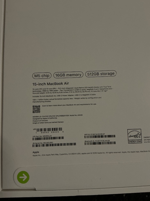 Photo 1 of Apple 2026 MacBook Air 15-inch Laptop with M5 chip: Built for AI, 15.3-inch Liquid Retina Display, 16GB Unified Memory, 512GB SSD, 12MP Center Stage Camera, Touch ID, Wi-Fi 7; Silver