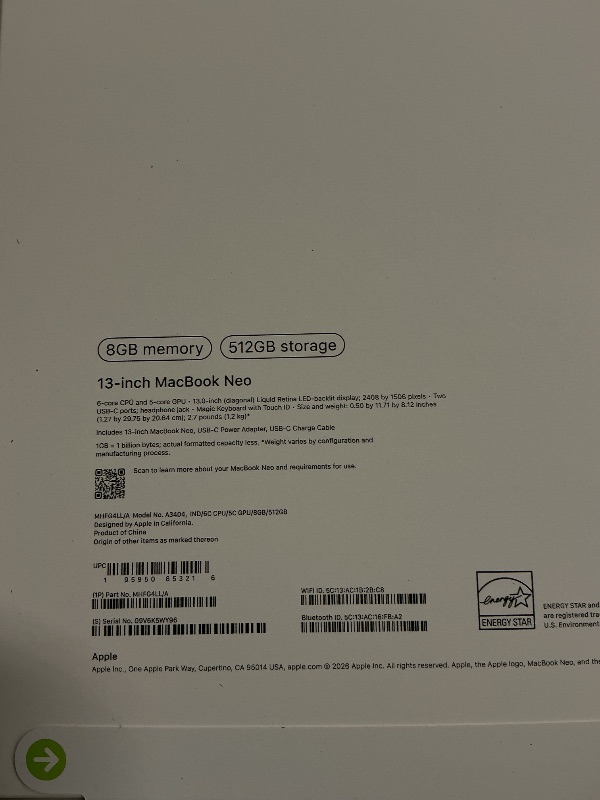 Photo 1 of Apple 2026 MacBook Neo 13-inch Laptop with A18 pro chip: Built for AI, 8GB Unified Memory, 256GB SSD, 12MP indigo