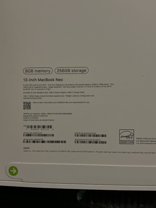 Photo 1 of Apple 2026 MacBook Air 13-inch Laptop with M5 chip: Built for AI, 13.6-inch Liquid Retina Display, 16GB Unified Memory, 512GB SSD, 12MP Center Stage Camera, Touch ID, Wi-Fi 7; Midnight