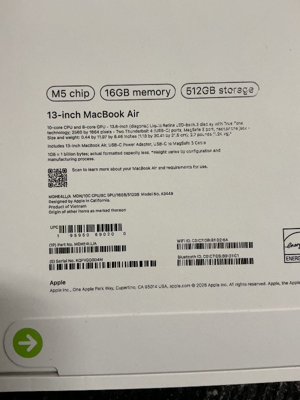 Photo 1 of Apple 2026 MacBook Air 13-inch Laptop with M5 chip: Built for AI, 13.6-inch Liquid Retina Display, 16GB Unified Memory, 512GB SSD, 12MP Center Stage Camera, Touch ID, Wi-Fi 7; Midnight