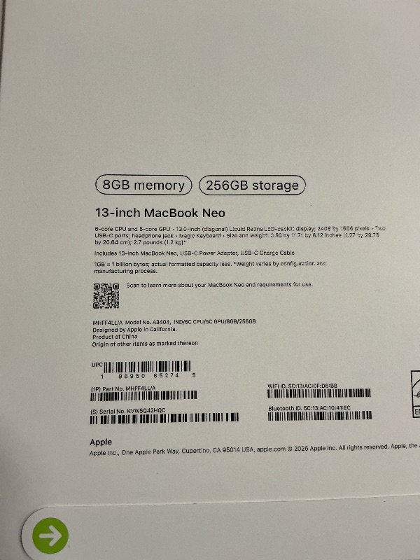 Photo 1 of Apple 2026 MacBook Neo 13-inch Laptop with A18 Pro chip: Built for AI and Apple Intelligence, Liquid Retina Display, 8GB Unified Memory, 256GB SSD Storage, 1080p FaceTime HD Camera; Indigo