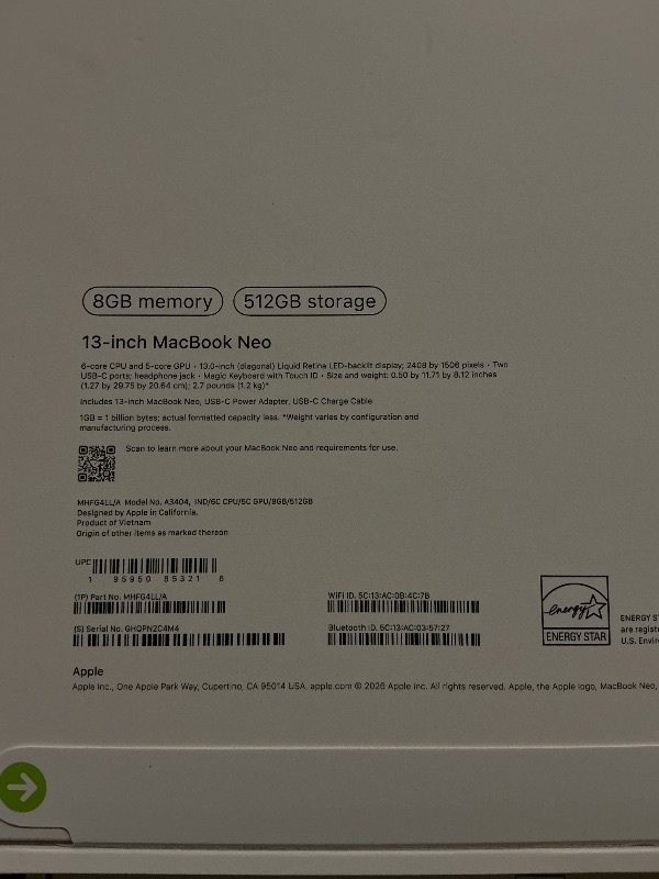 Photo 1 of Apple 2026 MacBook Neo 13-inch Laptop with A18 Pro chip: Built for AI and Apple Intelligence, Liquid Retina Display, 8GB Unified Memory, 512GB SSD Storage, 1080p FaceTime HD Camera, Touch ID; Indigo