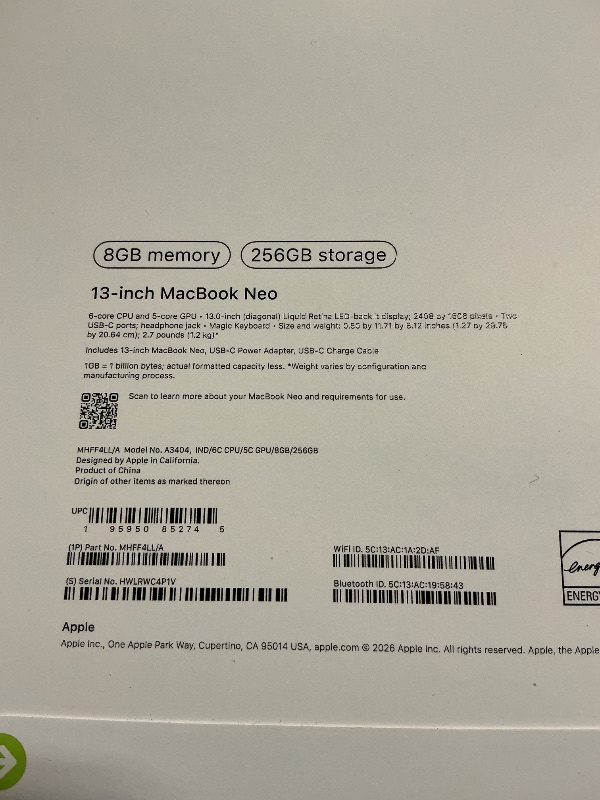 Photo 1 of Apple 2026 MacBook Neo 13-inch Laptop with A18 Pro chip: Built for AI and Apple Intelligence, Liquid Retina Display, 8GB Unified Memory, 256GB SSD Storage, 1080p FaceTime HD Camera; Indigo