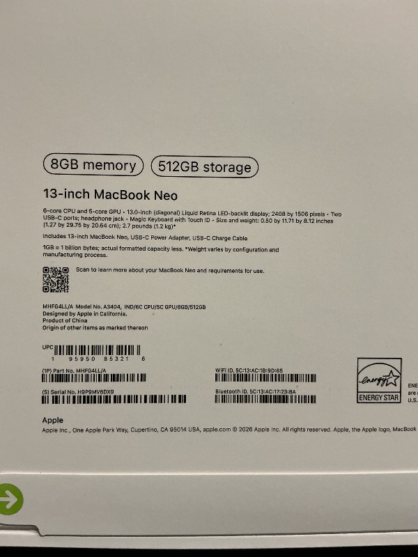 Photo 1 of Apple 2026 MacBook Neo 13-inch Laptop with A18 Pro chip: Built for AI and Apple Intelligence, Liquid Retina Display, 8GB Unified Memory, 512GB SSD Storage, 1080p FaceTime HD Camera, Touch ID; Indigo
