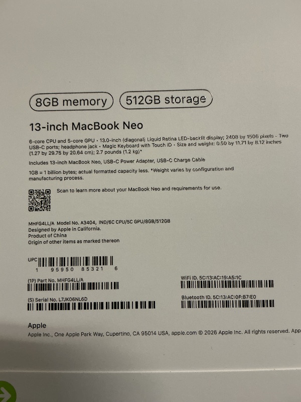 Photo 1 of Apple 2026 MacBook Neo 13-inch Laptop with A18 Pro chip: Built for AI and Apple Intelligence, Liquid Retina Display, 8GB Unified Memory, 512GB SSD Storage, 1080p FaceTime HD Camera, Touch ID; Indigo