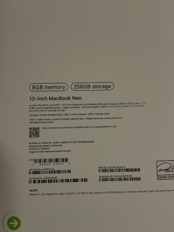 Photo 1 of Apple 2026 MacBook Neo 13-inch Laptop with A18 Pro chip: Built for AI and Apple Intelligence, Liquid Retina Display, 8GB Unified Memory, 256GB SSD Storage, 1080p FaceTime HD Camera; Indigo