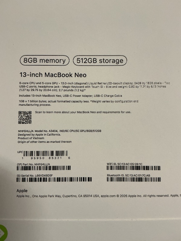 Photo 1 of Apple 2026 MacBook Neo 13-inch Laptop with A18 Pro chip: Built for AI and Apple Intelligence, Liquid Retina Display, 8GB Unified Memory, 512GB SSD Storage, 1080p FaceTime HD Camera, Touch ID; Indigo
