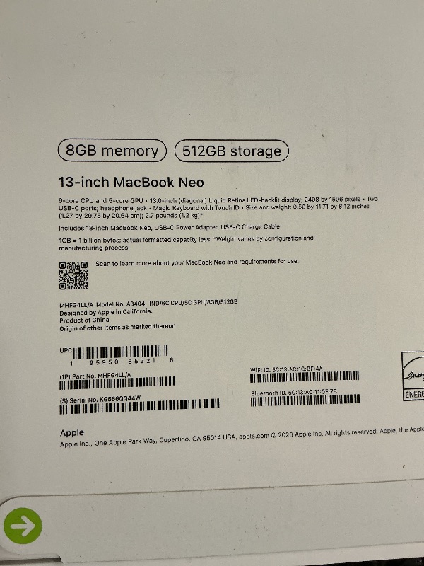 Photo 1 of Apple 2026 MacBook Neo 13-inch Laptop with A18 Pro chip: Built for AI and Apple Intelligence, Liquid Retina Display, 8GB Unified Memory, 512GB SSD Storage, 1080p FaceTime HD Camera, Touch ID; Indigo