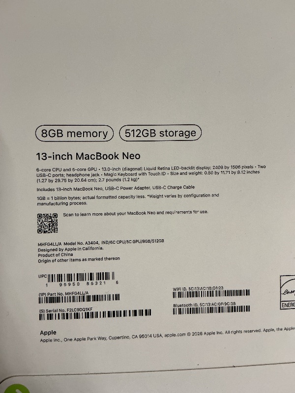 Photo 1 of Apple 2026 MacBook Neo 13-inch Laptop with A18 Pro chip: Built for AI and Apple Intelligence, Liquid Retina Display, 8GB Unified Memory, 512GB SSD Storage, 1080p FaceTime HD Camera, Touch ID; Indigo