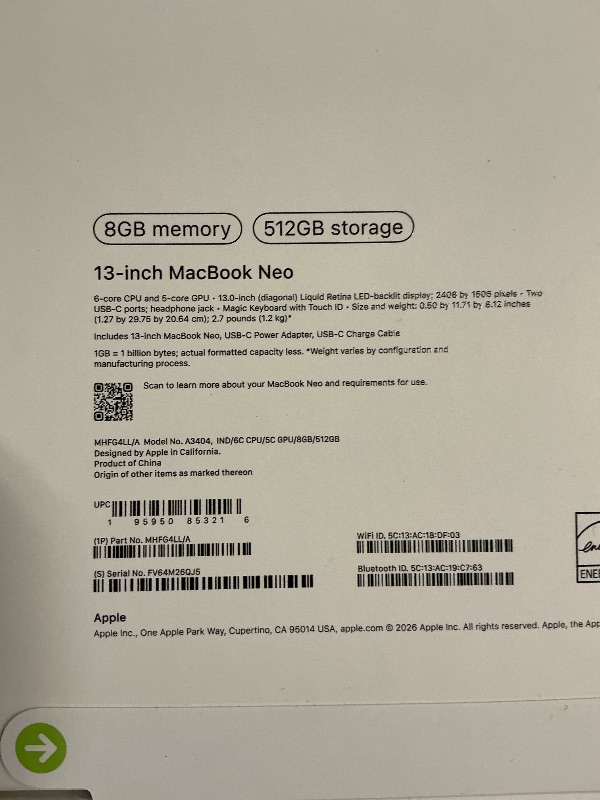 Photo 1 of Apple 2026 MacBook Neo 13-inch Laptop with A18 Pro chip: Built for AI and Apple Intelligence, Liquid Retina Display, 8GB Unified Memory, 512GB SSD Storage, 1080p FaceTime HD Camera, Touch ID; Indigo