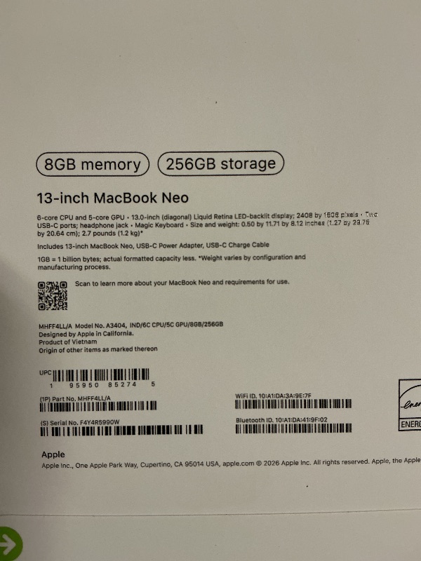Photo 1 of Apple 2026 MacBook Neo 13-inch Laptop with A18 Pro chip: Built for AI and Apple Intelligence, Liquid Retina Display, 8GB Unified Memory, 256GB SSD Storage, 1080p FaceTime HD Camera; Indigo